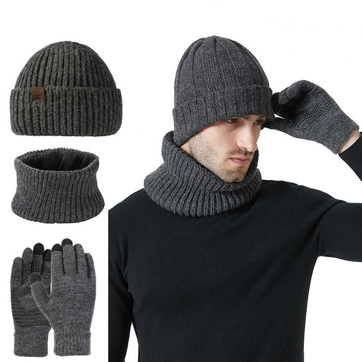 3-teiliges Unisex-Set mit Mütze, Nackenwärmer und Handschuhen in Volltonfarbe