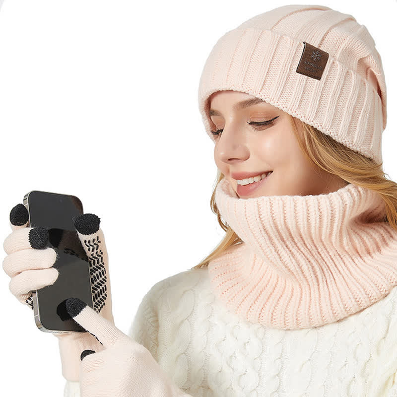 3-teiliges Unisex-Set mit Mütze, Nackenwärmer und Handschuhen in Volltonfarbe