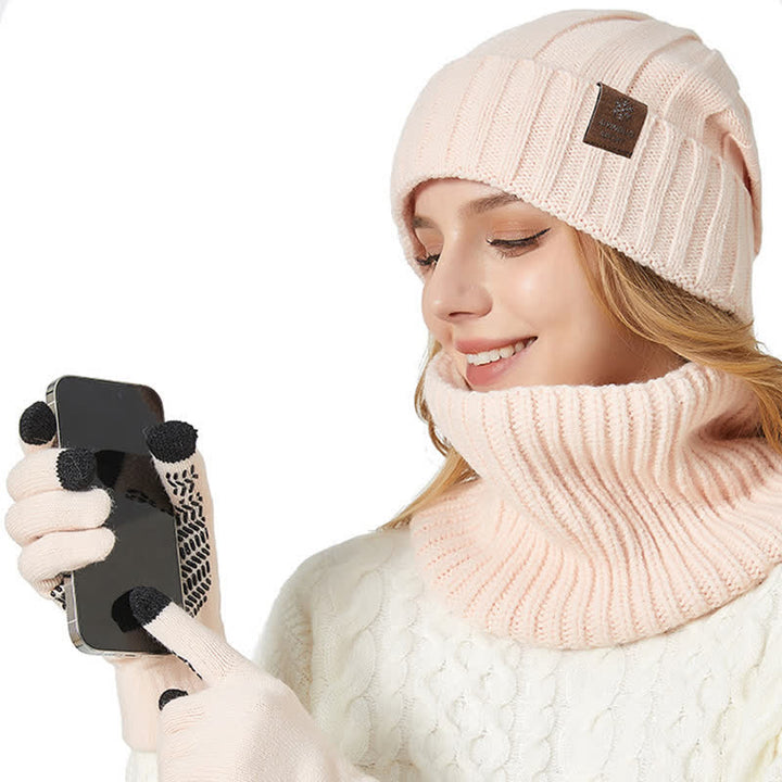 3-teiliges Unisex-Set mit Mütze, Nackenwärmer und Handschuhen in Volltonfarbe