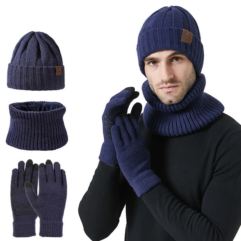 3-teiliges Unisex-Set mit Mütze, Nackenwärmer und Handschuhen in Volltonfarbe
