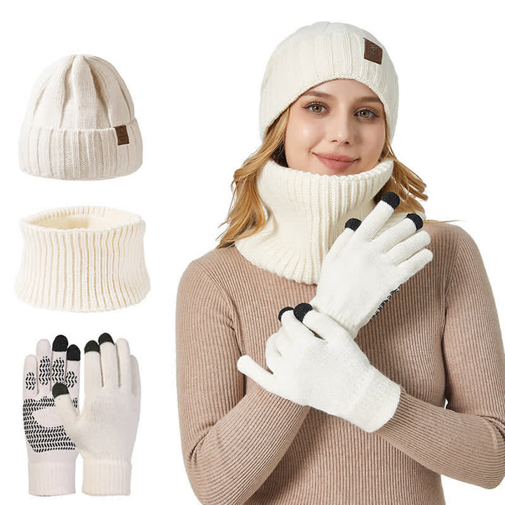 3-teiliges Unisex-Set mit Mütze, Nackenwärmer und Handschuhen in Volltonfarbe