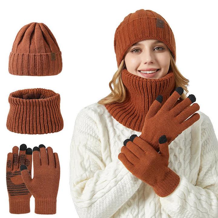 3-teiliges Unisex-Set mit Mütze, Nackenwärmer und Handschuhen in Volltonfarbe
