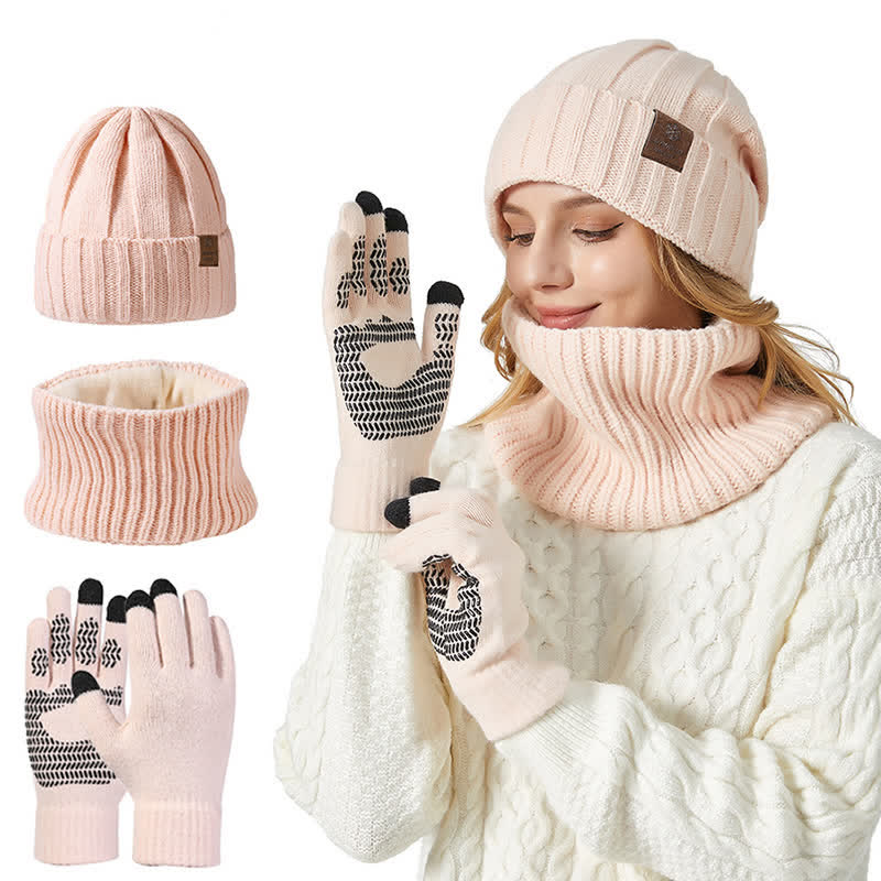 3-teiliges Unisex-Set mit Mütze, Nackenwärmer und Handschuhen in Volltonfarbe
