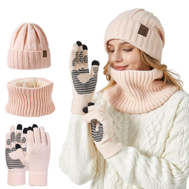 3-teiliges Unisex-Set mit Mütze, Nackenwärmer und Handschuhen in Volltonfarbe