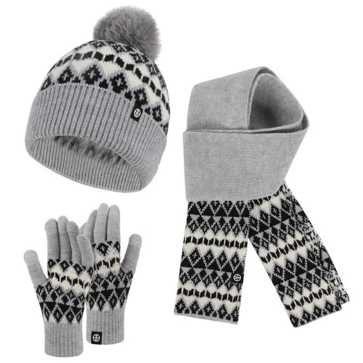 3-teiliges Unisex-Komfort-Set aus Strickmütze, Schal und Handschuhen mit Rautenmuster