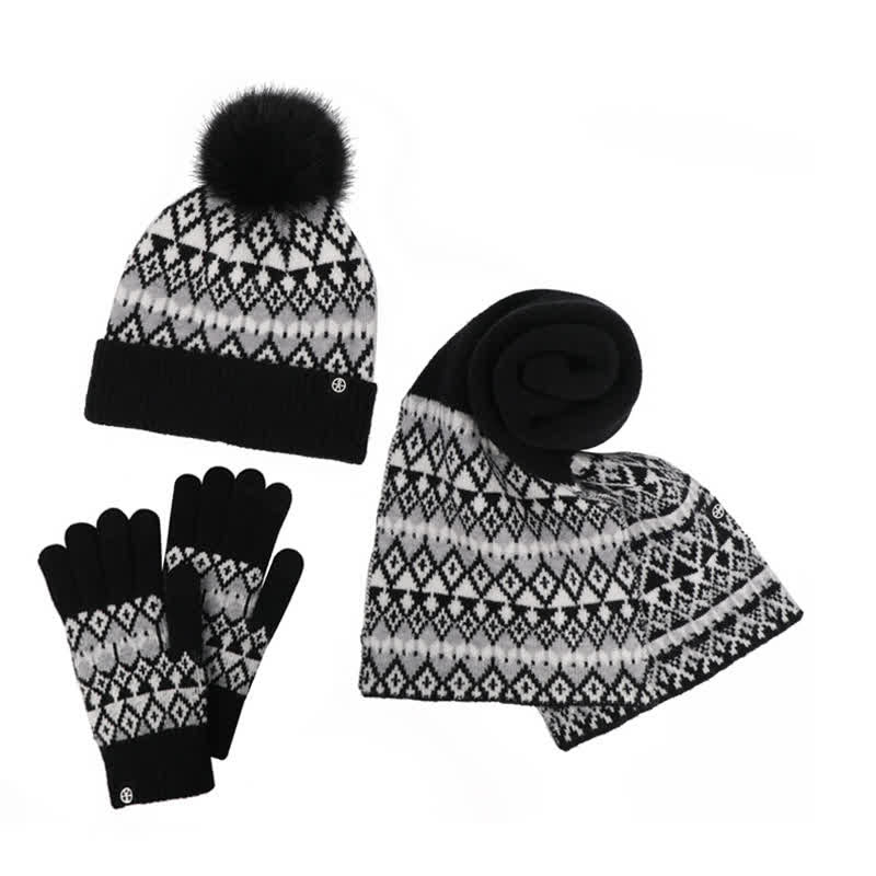 3-teiliges Unisex-Komfort-Set aus Strickmütze, Schal und Handschuhen mit Rautenmuster