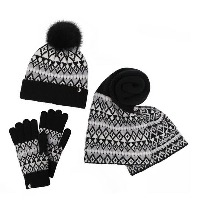 3-teiliges Unisex-Komfort-Set aus Strickmütze, Schal und Handschuhen mit Rautenmuster