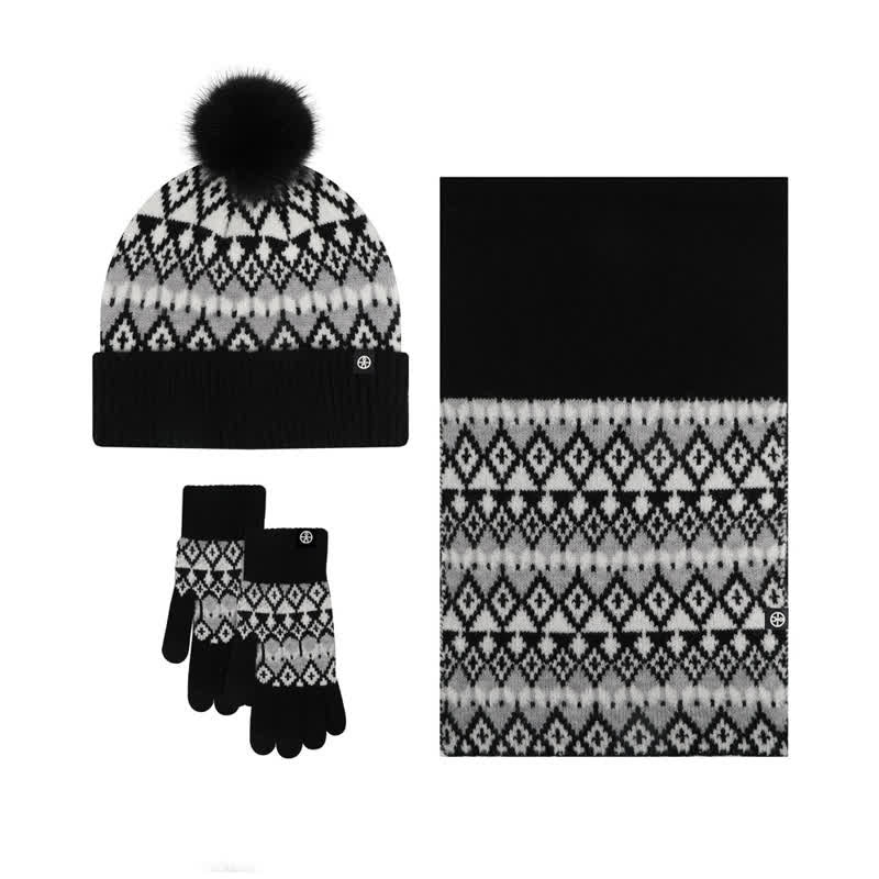 3-teiliges Unisex-Komfort-Set aus Strickmütze, Schal und Handschuhen mit Rautenmuster