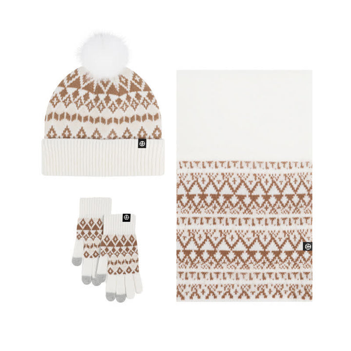 3-teiliges Unisex-Komfort-Set aus Strickmütze, Schal und Handschuhen mit Rautenmuster