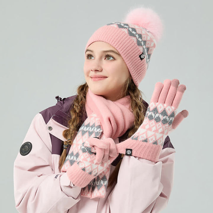 3-teiliges Unisex-Komfort-Set aus Strickmütze, Schal und Handschuhen mit Rautenmuster