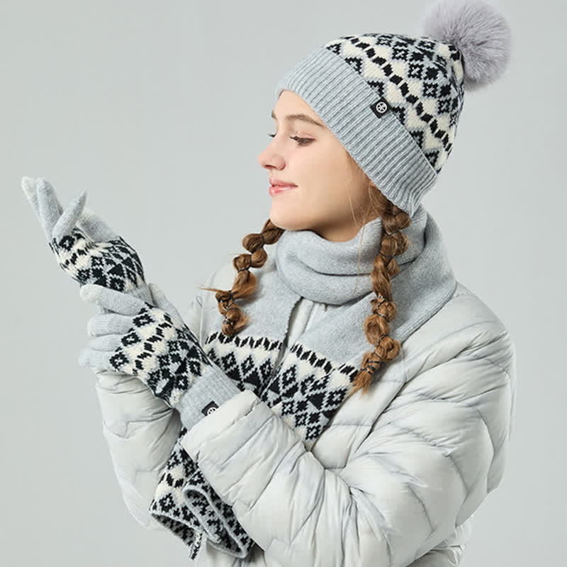 3-teiliges Unisex-Komfort-Set aus Strickmütze, Schal und Handschuhen mit Rautenmuster