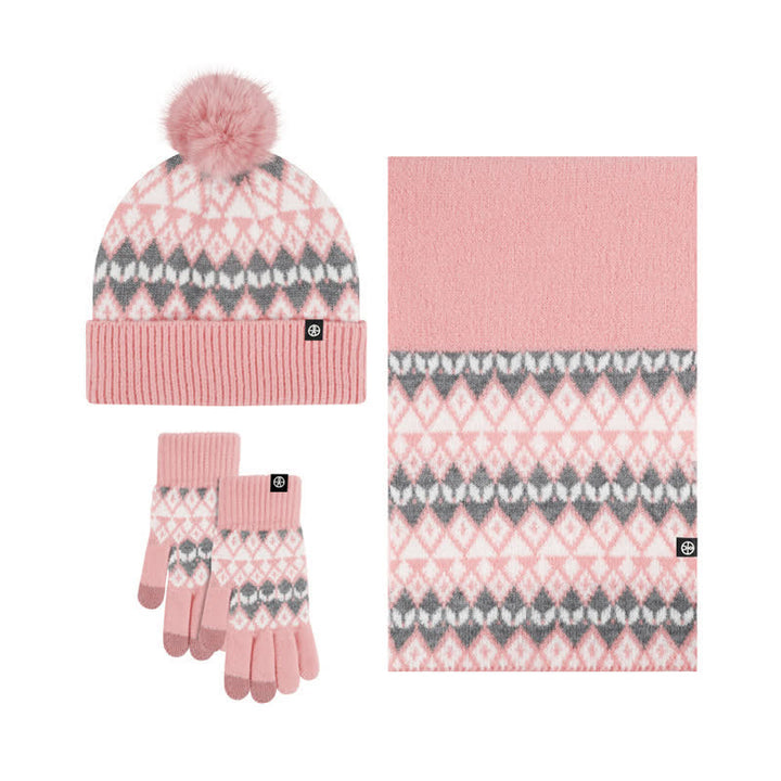 3-teiliges Unisex-Komfort-Set aus Strickmütze, Schal und Handschuhen mit Rautenmuster