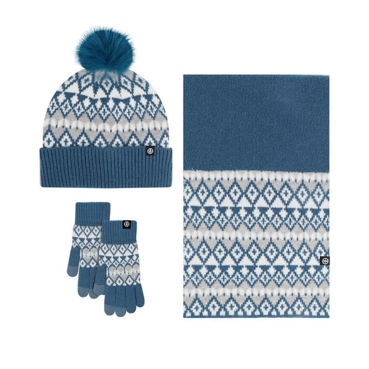 3-teiliges Unisex-Komfort-Set aus Strickmütze, Schal und Handschuhen mit Rautenmuster