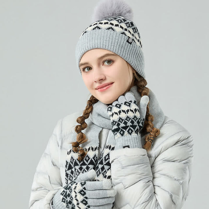 3-teiliges Unisex-Komfort-Set aus Strickmütze, Schal und Handschuhen mit Rautenmuster