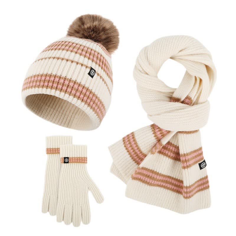 3-teiliges Unisex-Set mit gestreiftem Muster und Fellknäuel, Strickmütze, Schal und Handschuhe