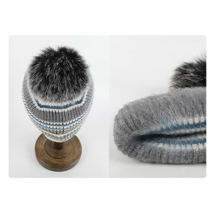 3-teiliges Unisex-Set mit gestreiftem Muster und Fellknäuel, Strickmütze, Schal und Handschuhe