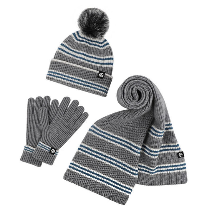 3-teiliges Unisex-Set mit gestreiftem Muster und Fellknäuel, Strickmütze, Schal und Handschuhe