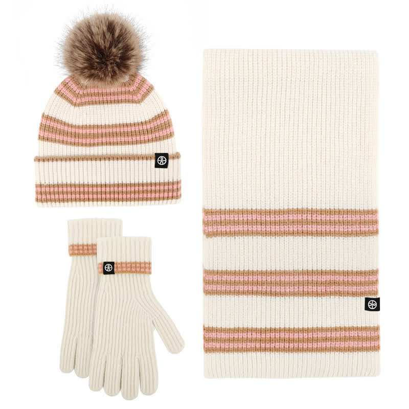 3-teiliges Unisex-Set mit gestreiftem Muster und Fellknäuel, Strickmütze, Schal und Handschuhe
