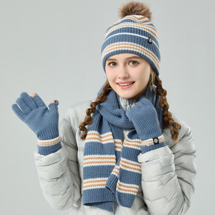 3-teiliges Unisex-Set mit gestreiftem Muster und Fellknäuel, Strickmütze, Schal und Handschuhe