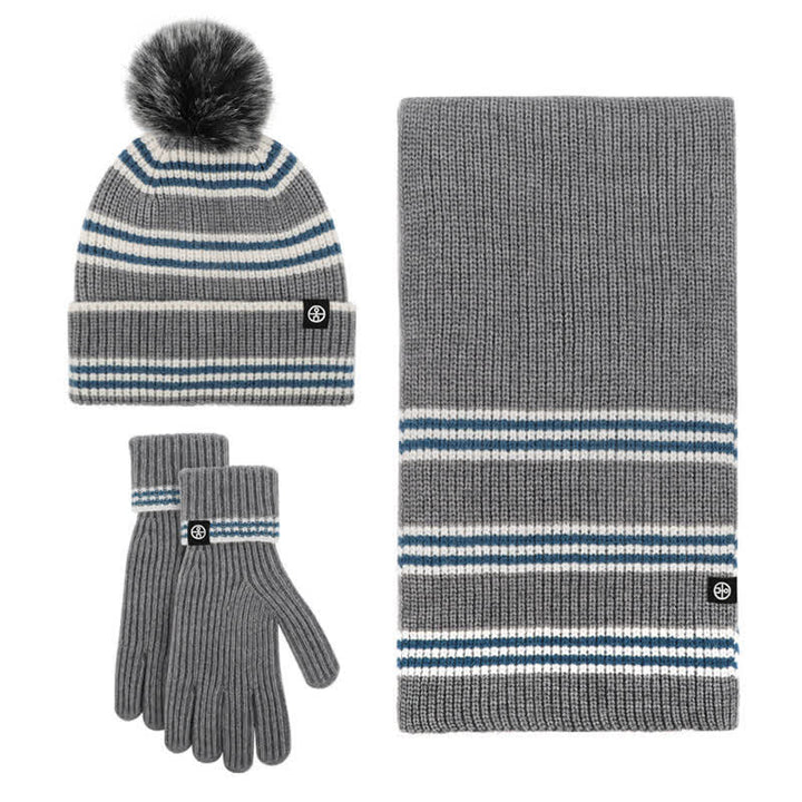 3-teiliges Unisex-Set mit gestreiftem Muster und Fellknäuel, Strickmütze, Schal und Handschuhe