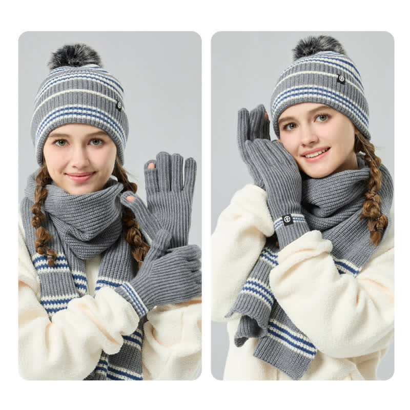 3-teiliges Unisex-Set mit gestreiftem Muster und Fellknäuel, Strickmütze, Schal und Handschuhe