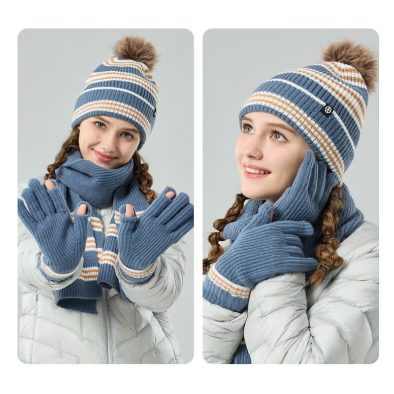 3-teiliges Unisex-Set mit gestreiftem Muster und Fellknäuel, Strickmütze, Schal und Handschuhe