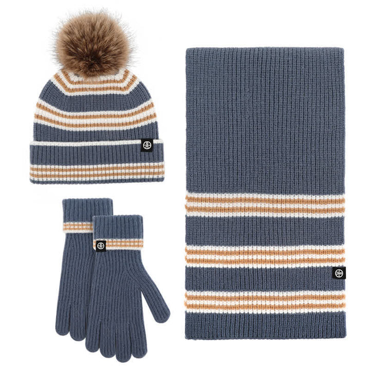 3-teiliges Unisex-Set mit gestreiftem Muster und Fellknäuel, Strickmütze, Schal und Handschuhe