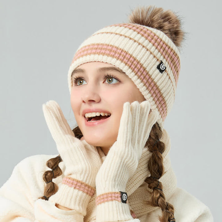 3-teiliges Unisex-Set mit gestreiftem Muster und Fellknäuel, Strickmütze, Schal und Handschuhe