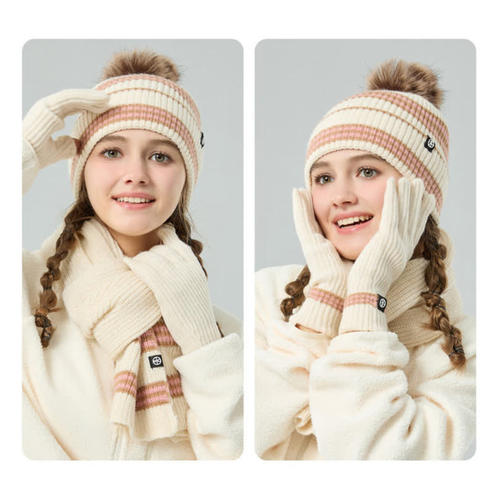 3-teiliges Unisex-Set mit gestreiftem Muster und Fellknäuel, Strickmütze, Schal und Handschuhe