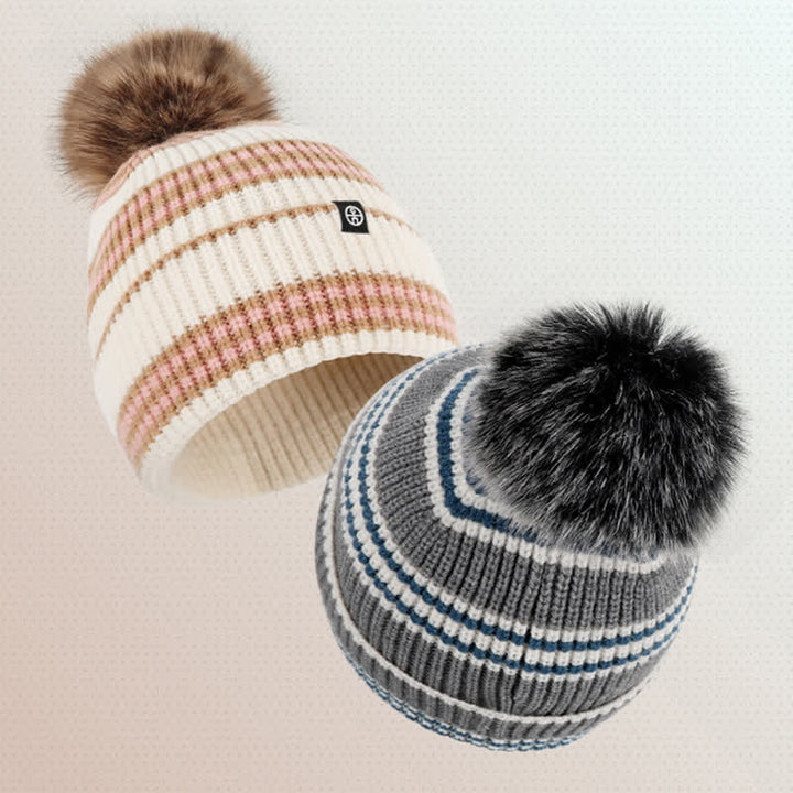 3-teiliges Unisex-Set mit gestreiftem Muster und Fellknäuel, Strickmütze, Schal und Handschuhe