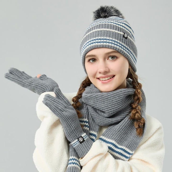3-teiliges Unisex-Set mit gestreiftem Muster und Fellknäuel, Strickmütze, Schal und Handschuhe