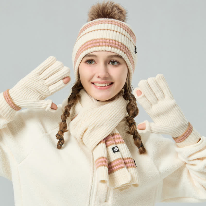 3-teiliges Unisex-Set mit gestreiftem Muster und Fellknäuel, Strickmütze, Schal und Handschuhe