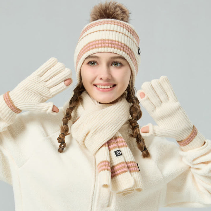 3-teiliges Unisex-Set mit gestreiftem Muster und Fellknäuel, Strickmütze, Schal und Handschuhe