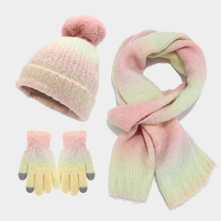 3-teiliges Unisex-Set aus bunten Strickmützen, Schals und Handschuhen mit Batikmuster