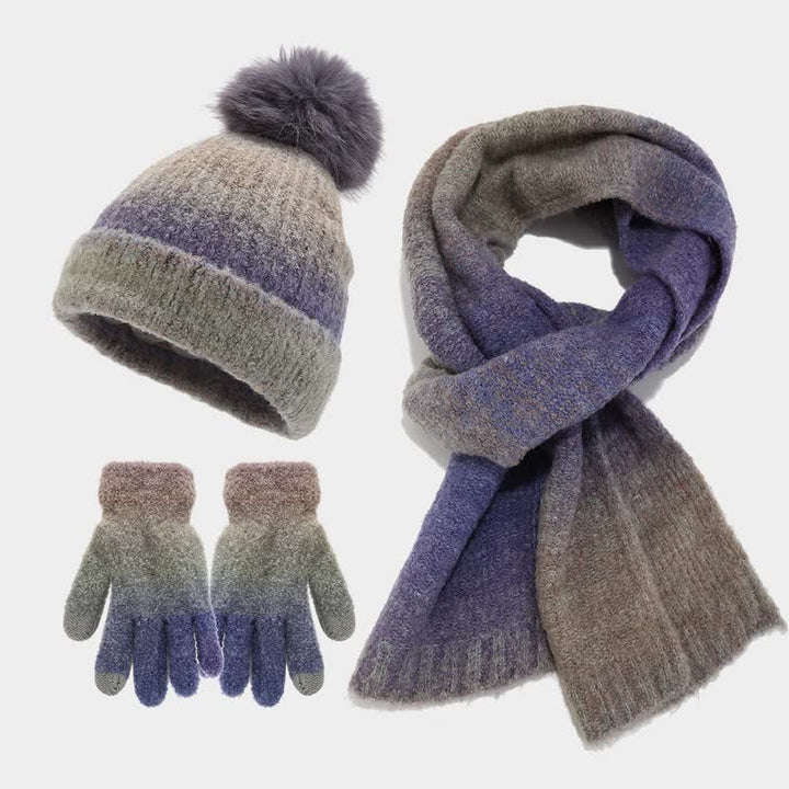 3-teiliges Unisex-Set aus bunten Strickmützen, Schals und Handschuhen mit Batikmuster