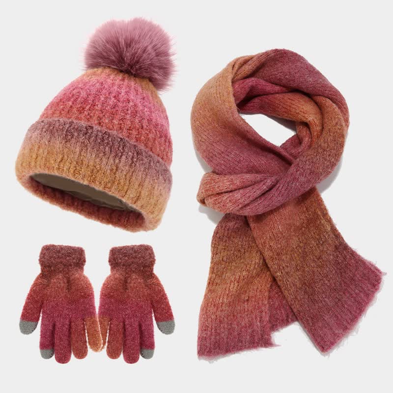3-teiliges Unisex-Set aus bunten Strickmützen, Schals und Handschuhen mit Batikmuster