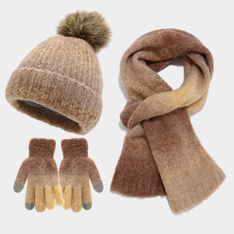 3-teiliges Unisex-Set aus bunten Strickmützen, Schals und Handschuhen mit Batikmuster