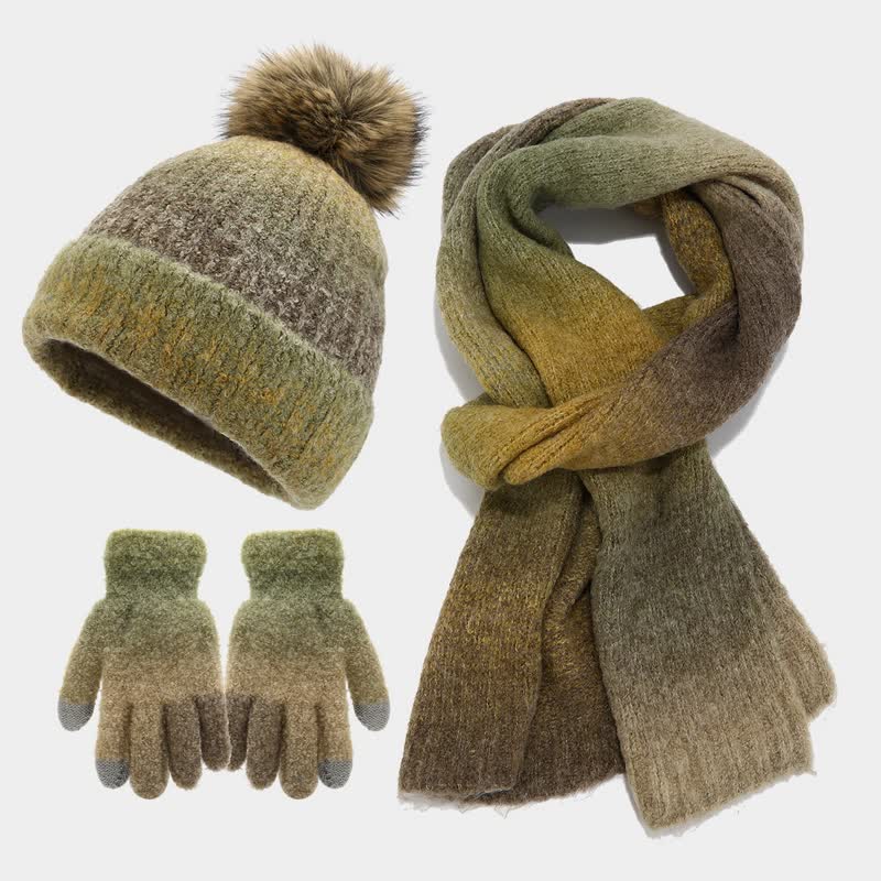 3-teiliges Unisex-Set aus bunten Strickmützen, Schals und Handschuhen mit Batikmuster
