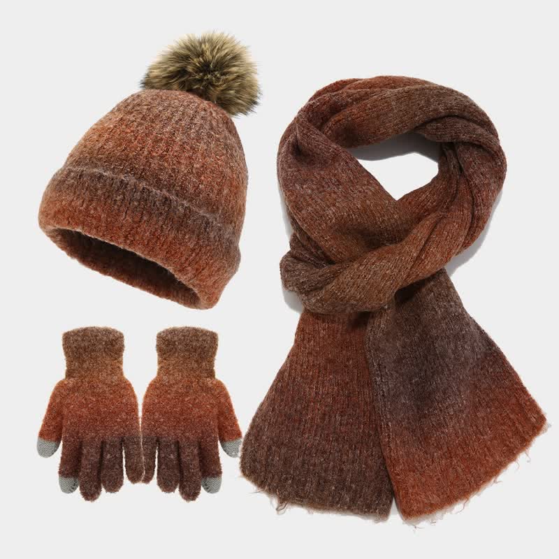 3-teiliges Unisex-Set aus bunten Strickmützen, Schals und Handschuhen mit Batikmuster