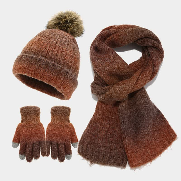 3-teiliges Unisex-Set aus bunten Strickmützen, Schals und Handschuhen mit Batikmuster