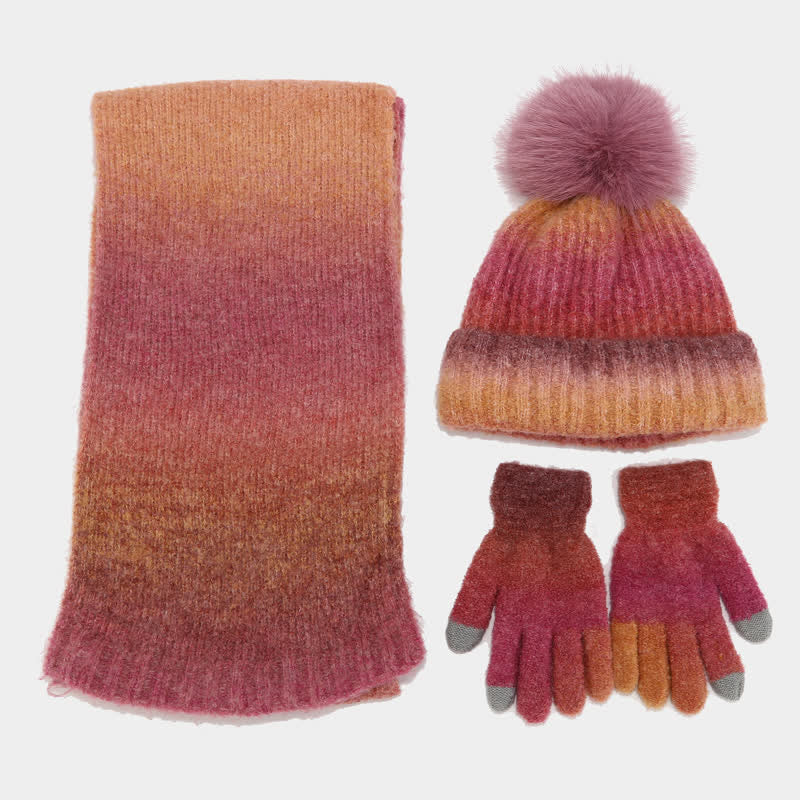 3-teiliges Unisex-Set aus bunten Strickmützen, Schals und Handschuhen mit Batikmuster