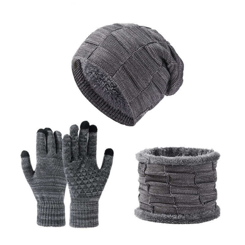 3-teiliges zweifarbiges, quadratisches Unisex-Strickmützen-Set mit Halsmanschette und Handschuhen