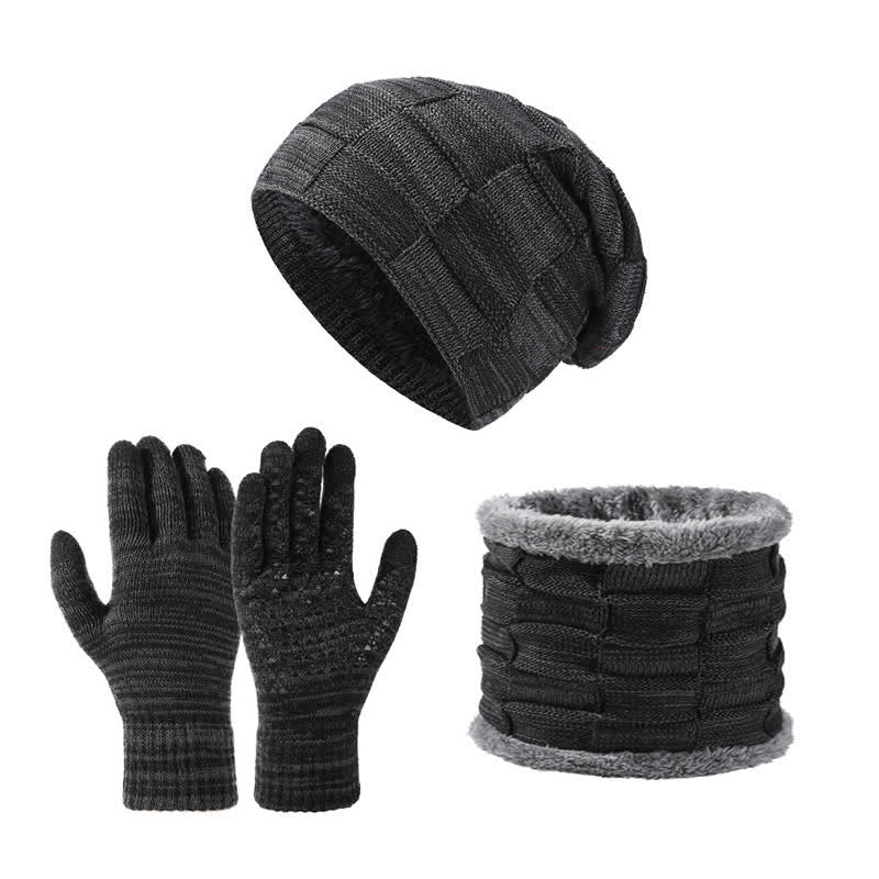 3-teiliges zweifarbiges, quadratisches Unisex-Strickmützen-Set mit Halsmanschette und Handschuhen