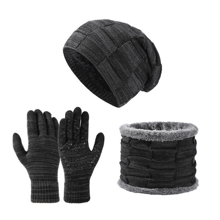 3-teiliges zweifarbiges, quadratisches Unisex-Strickmützen-Set mit Halsmanschette und Handschuhen