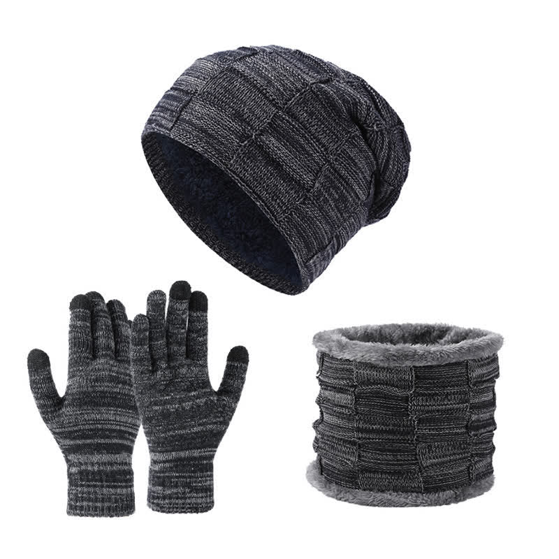 3-teiliges zweifarbiges, quadratisches Unisex-Strickmützen-Set mit Halsmanschette und Handschuhen