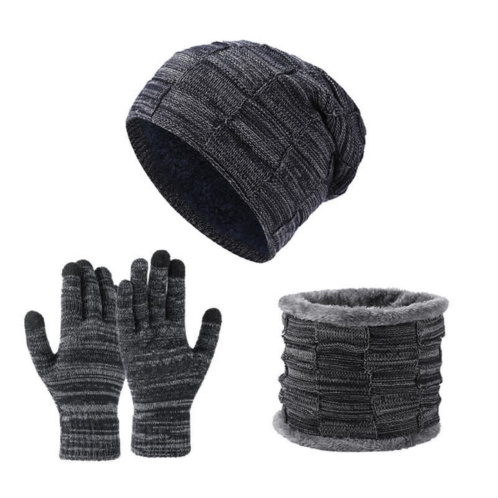 3-teiliges zweifarbiges, quadratisches Unisex-Strickmützen-Set mit Halsmanschette und Handschuhen