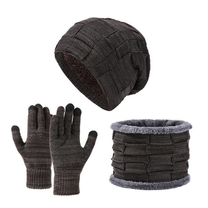 3-teiliges zweifarbiges, quadratisches Unisex-Strickmützen-Set mit Halsmanschette und Handschuhen