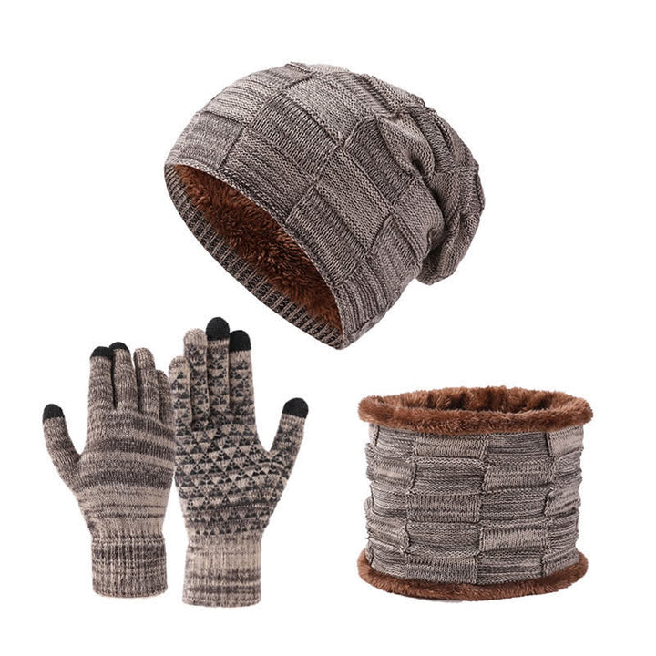 3-teiliges zweifarbiges, quadratisches Unisex-Strickmützen-Set mit Halsmanschette und Handschuhen