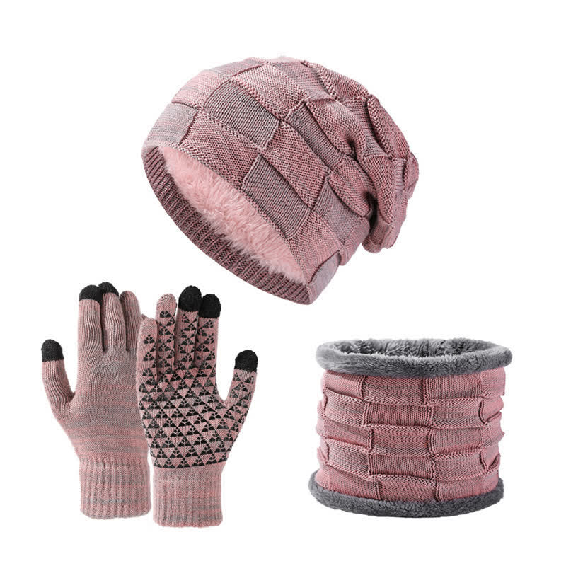 3-teiliges zweifarbiges, quadratisches Unisex-Strickmützen-Set mit Halsmanschette und Handschuhen