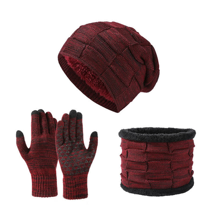3-teiliges zweifarbiges, quadratisches Unisex-Strickmützen-Set mit Halsmanschette und Handschuhen